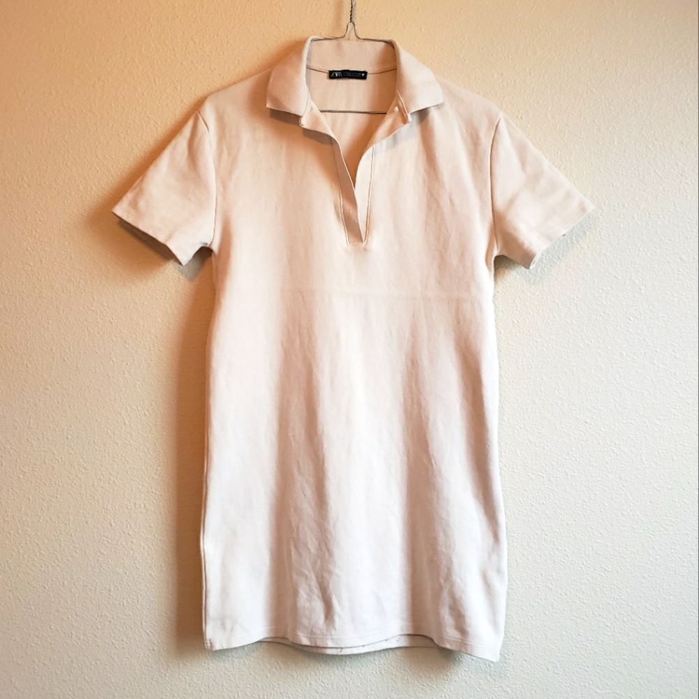 Zara - Cream Collared Short Sleeve Preppy Mini T-shirt Dress